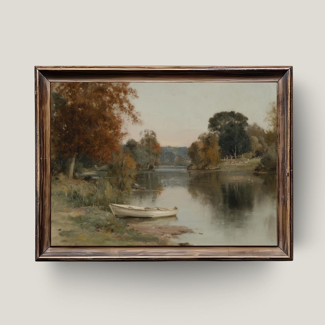 Autumn Lake with Rowboat Vintage Landscape Oil Painting Print