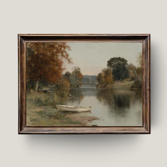 Vintage Autumn Lake Landscape Rustic Rowboat Painting
