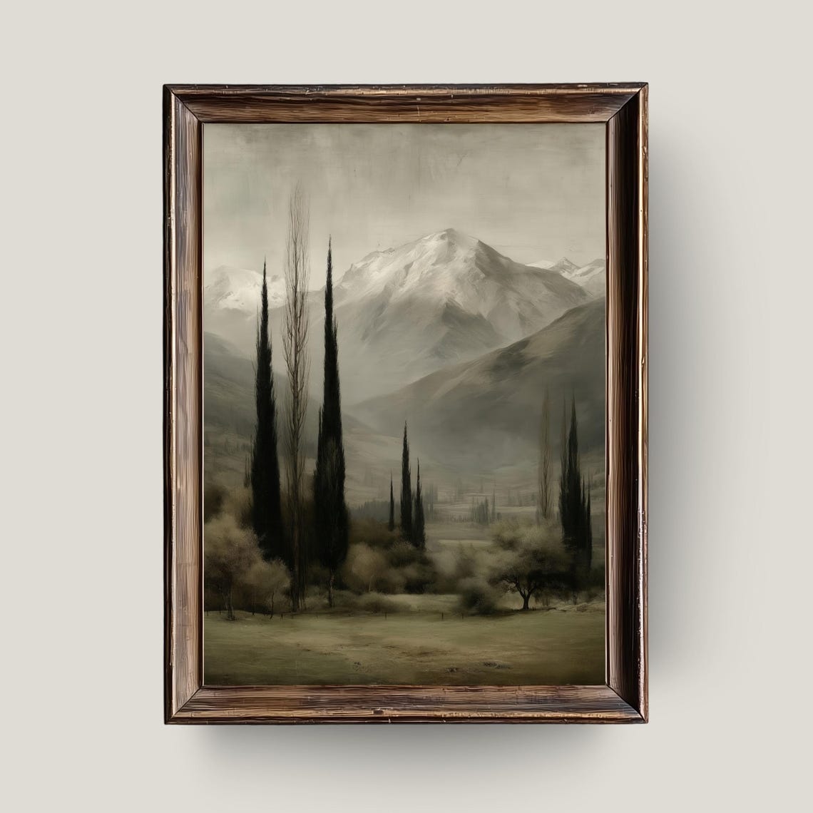 Snowy Mountain Peaks Cypress Dark Academia Landscape Painting Poster