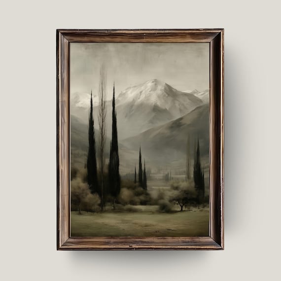 Moody Mountain Landscape Neutral Nature Wall Art Snowy Peaks Painting Dark Academia Countryside Decor
