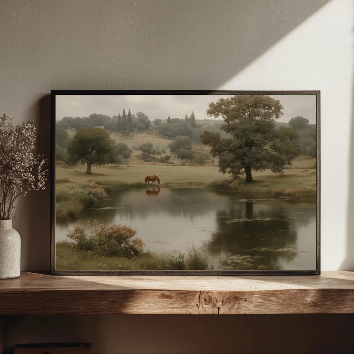 Autumn Horse by the Pond Rustic Countryside Painting Wall Art