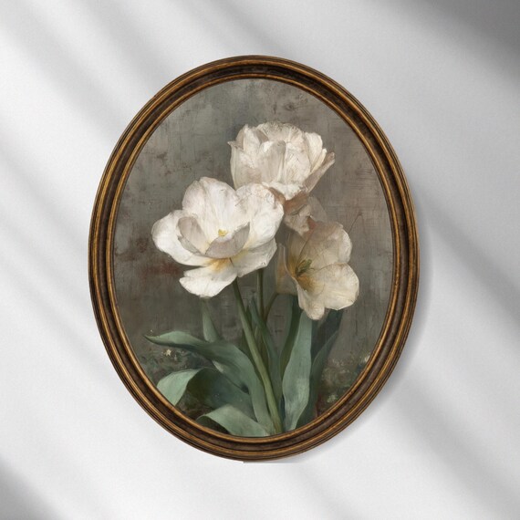 White Tulip Wall Art Vintage Floral Neutral Botanical Print