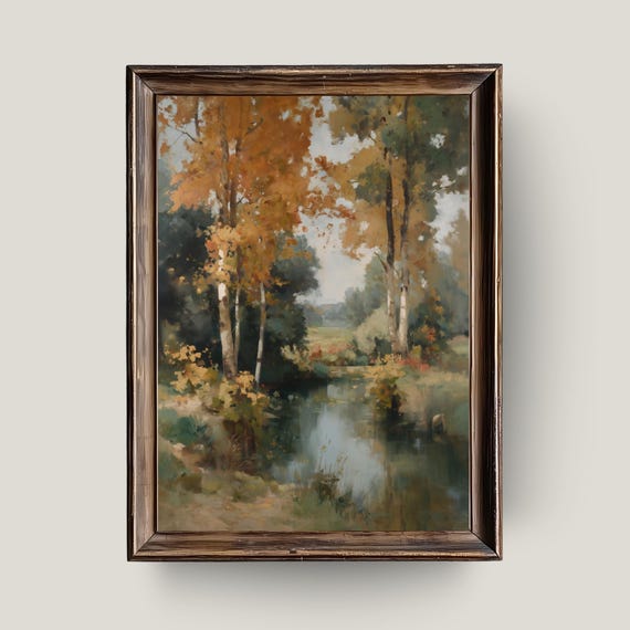 Autumn Forest Reflection Rustic Landscape Wall Art Golden Trees Painting Warm Countryside Nature Print