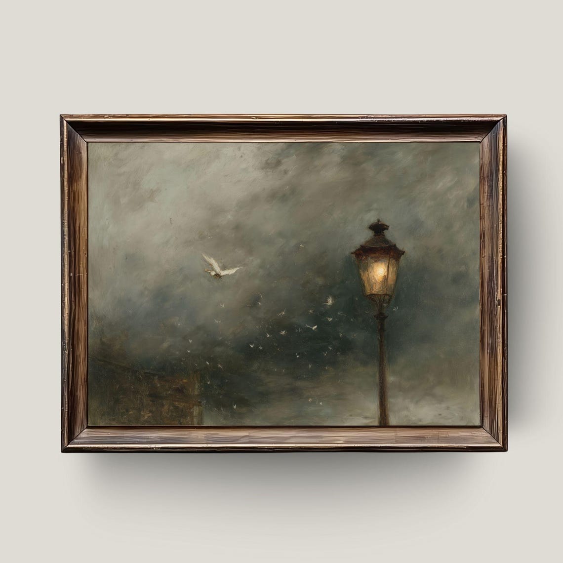 Moody Night Sky Painting Vintage Lamplight Birds Art