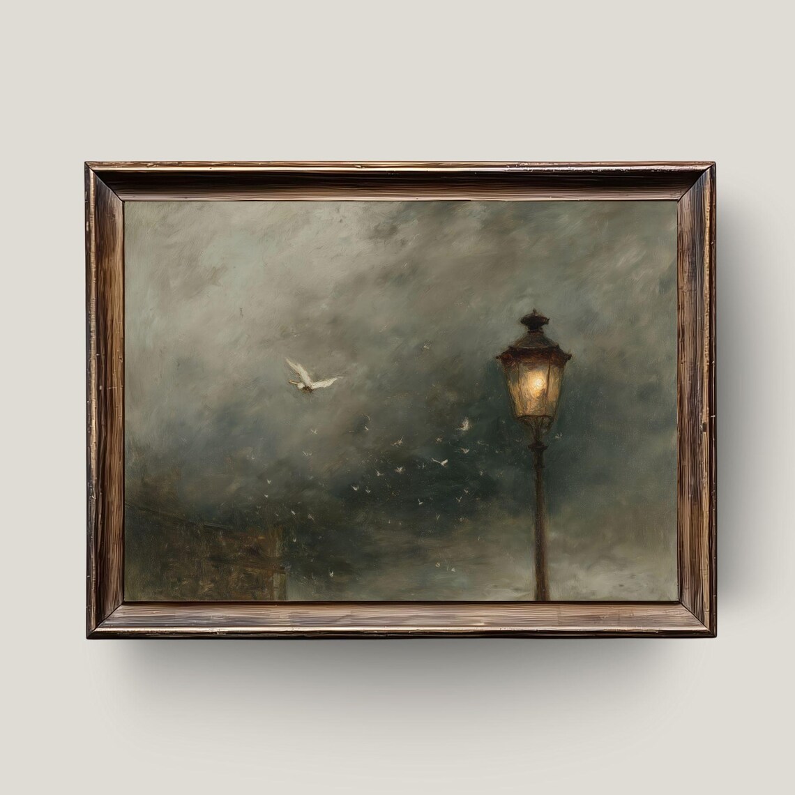Moody Night Sky Painting Vintage Street Lamp Birds Art Poster