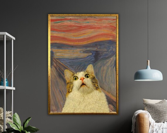 Fluffy White Cat The Scream Munch Parody Shocked Kitty Funny Art Poster