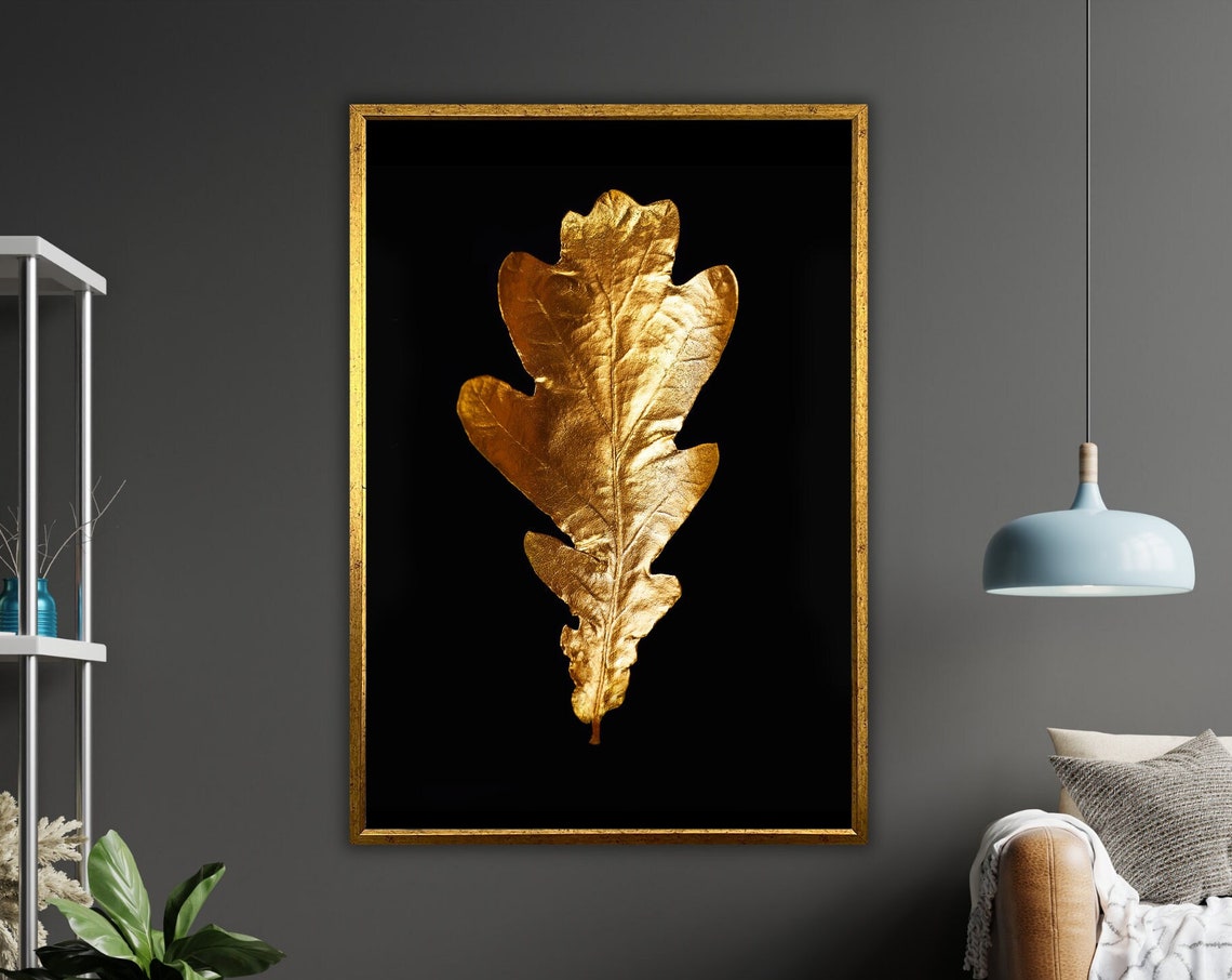 Gold Leaf Oak Leaf Black Background Luxury Metallic Art Wall Poster