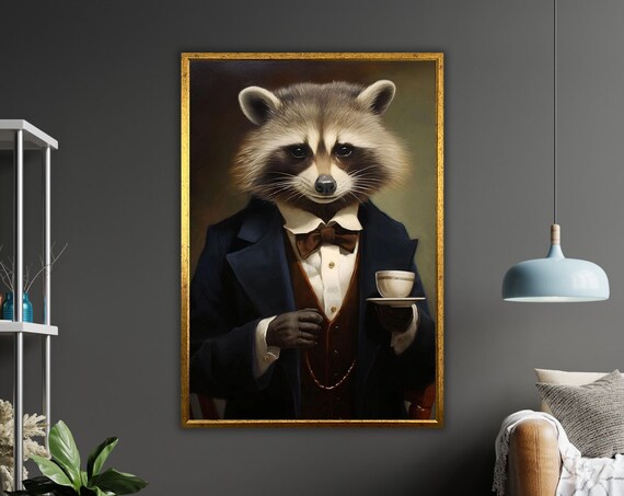 Gentleman Raccoon Portrait Holding Teacup Suit Animal Humor Poster