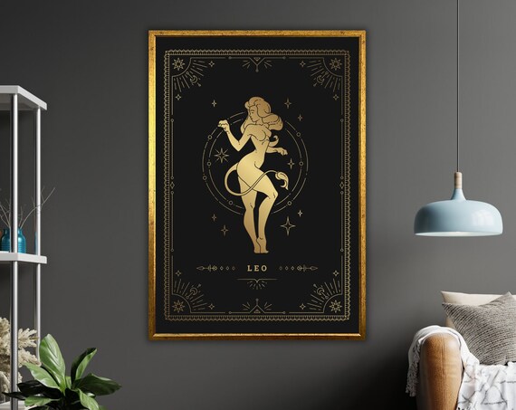 Leo Zodiac Sign Gold Celestial Astrology Star Sign Wall Art Poster