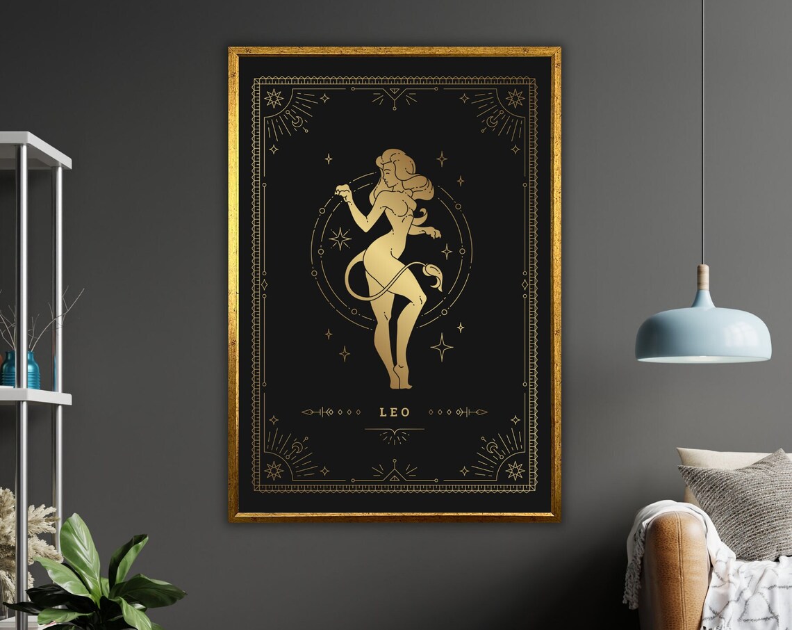 Leo Zodiac Sign Gold Celestial Astrology Star Sign Wall Art Poster