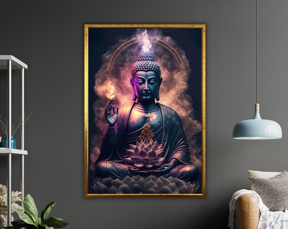 Buddha Holding Lotus Flame Hand Cosmic Purple Smoke Art Print Poster