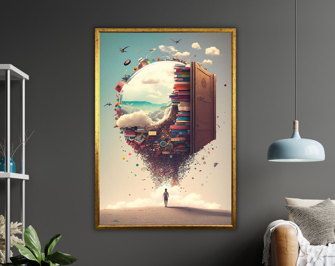 Surreal Library Hot Air Balloon Books Floating Door Nursery Art Poster