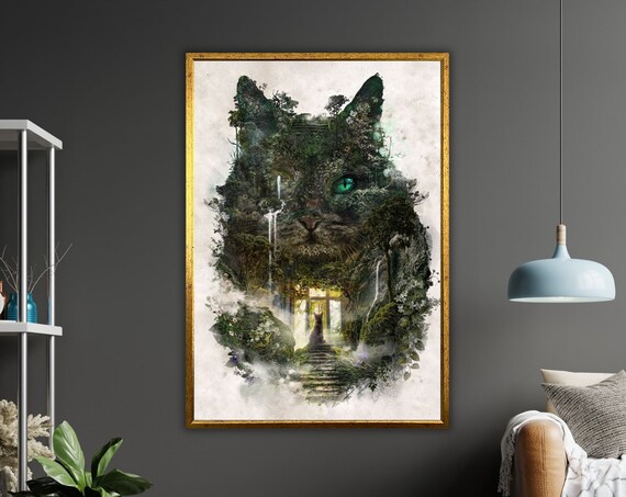 Forest Cat Double Exposure Green Eye Nature Fantasy Art Poster