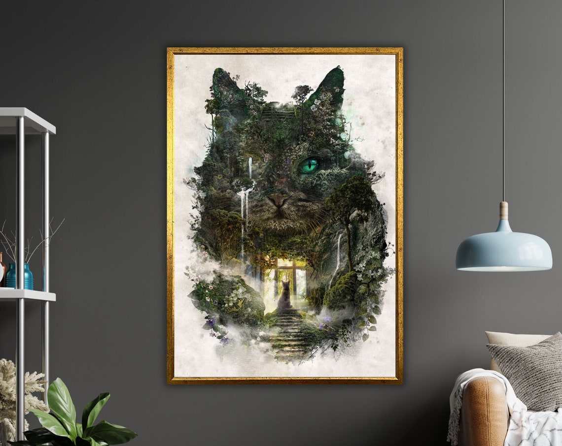 Forest Cat Double Exposure Green Eye Nature Fantasy Art Poster