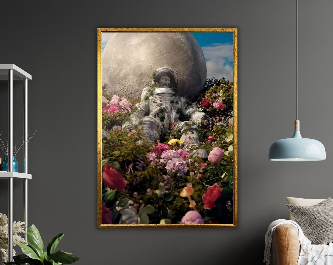 Skeleton Astronaut In Flower Field Giant Moon Surreal Art Poster