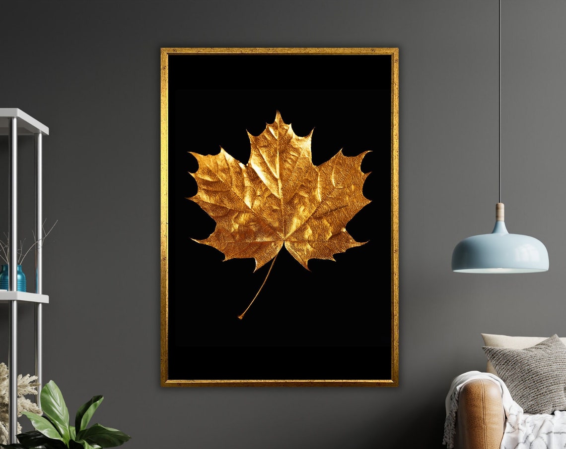 Gold Leaf Maple Leaf Black Background Luxury Metallic Art Wall Poster