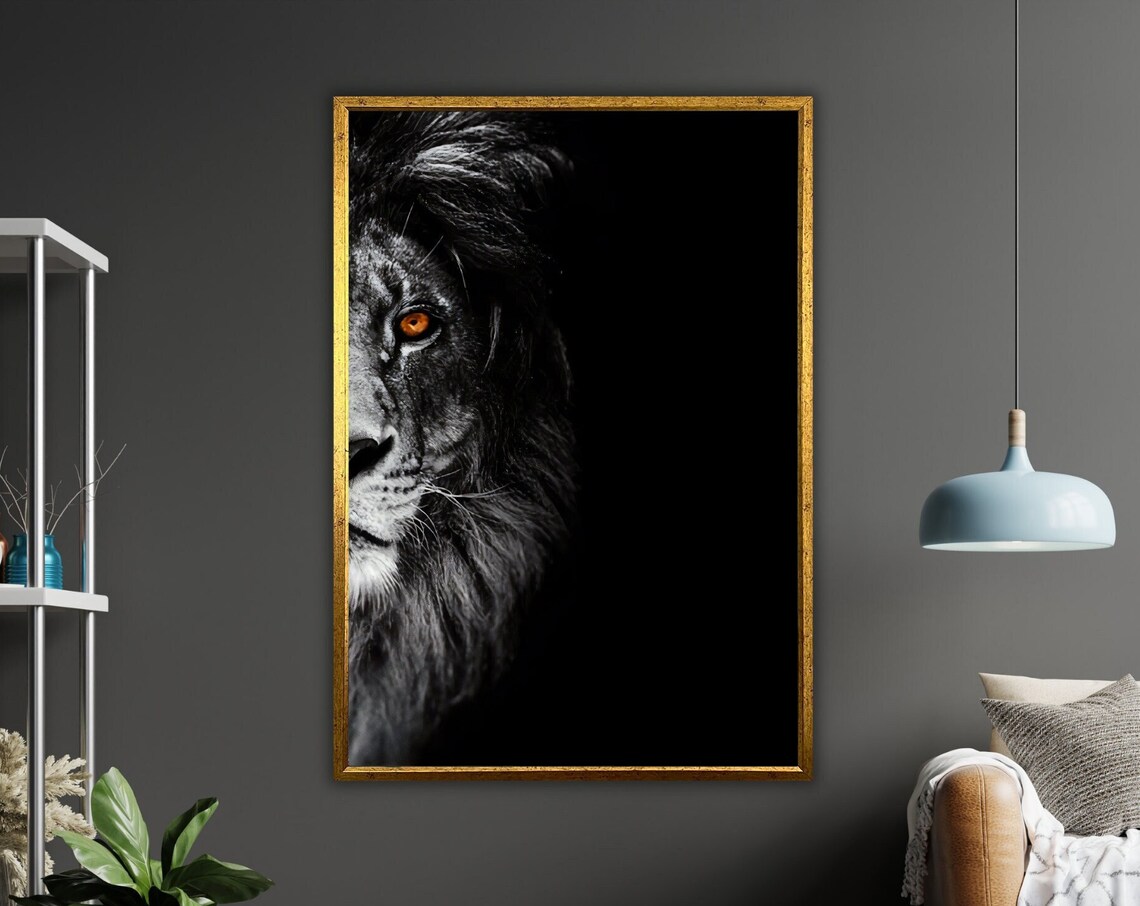 Lion Crimson Gaze Half Face Glowing Eye Dark Wildlife Art Poster