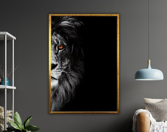 Lion Crimson Gaze Half Face Glowing Eye Dark Wildlife Art Poster