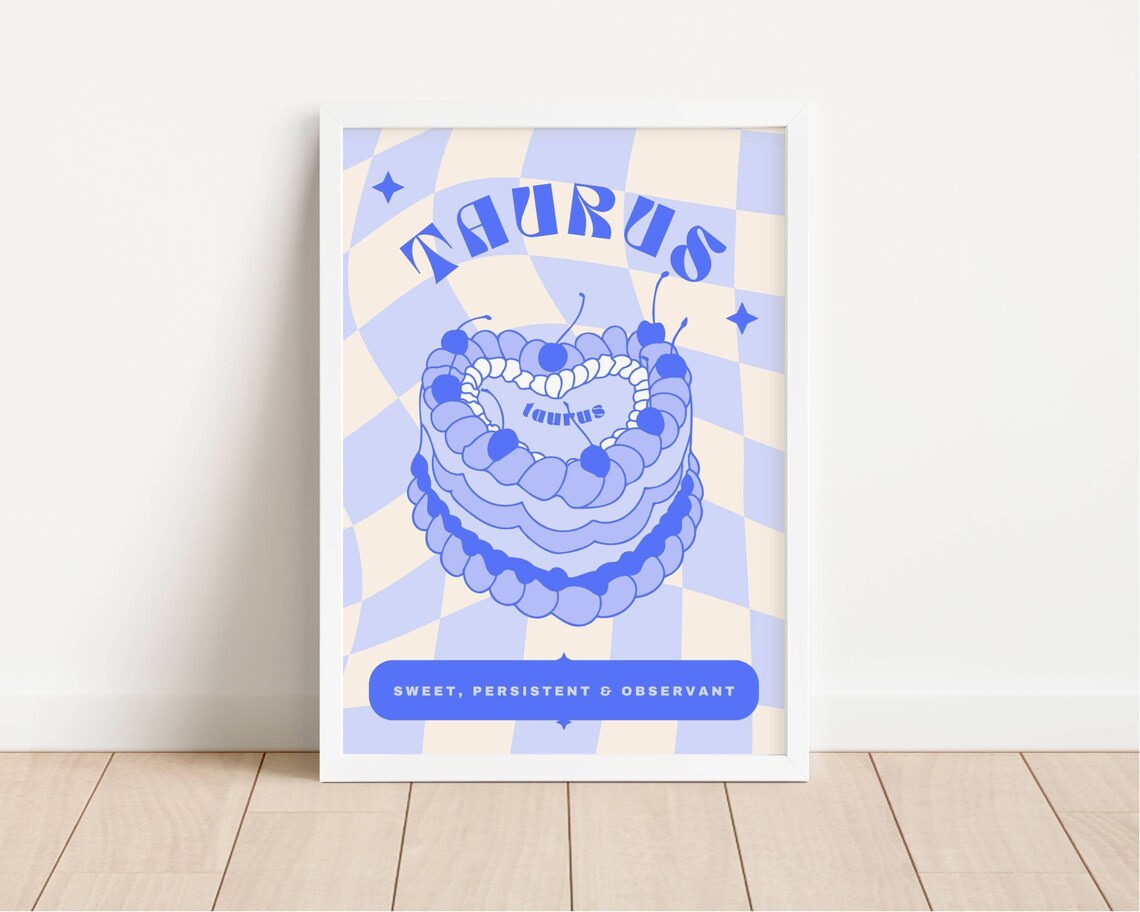 Taurus Blue Birthday Cake Zodiac Star Sign Retro Checkerboard Poster - Image 2