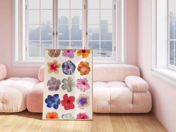 Hibiscus Flower Hawaiian Art Print Decor Funky Wall Art Retro Art Print Preppy Room Decor Pink Maximalist Decor