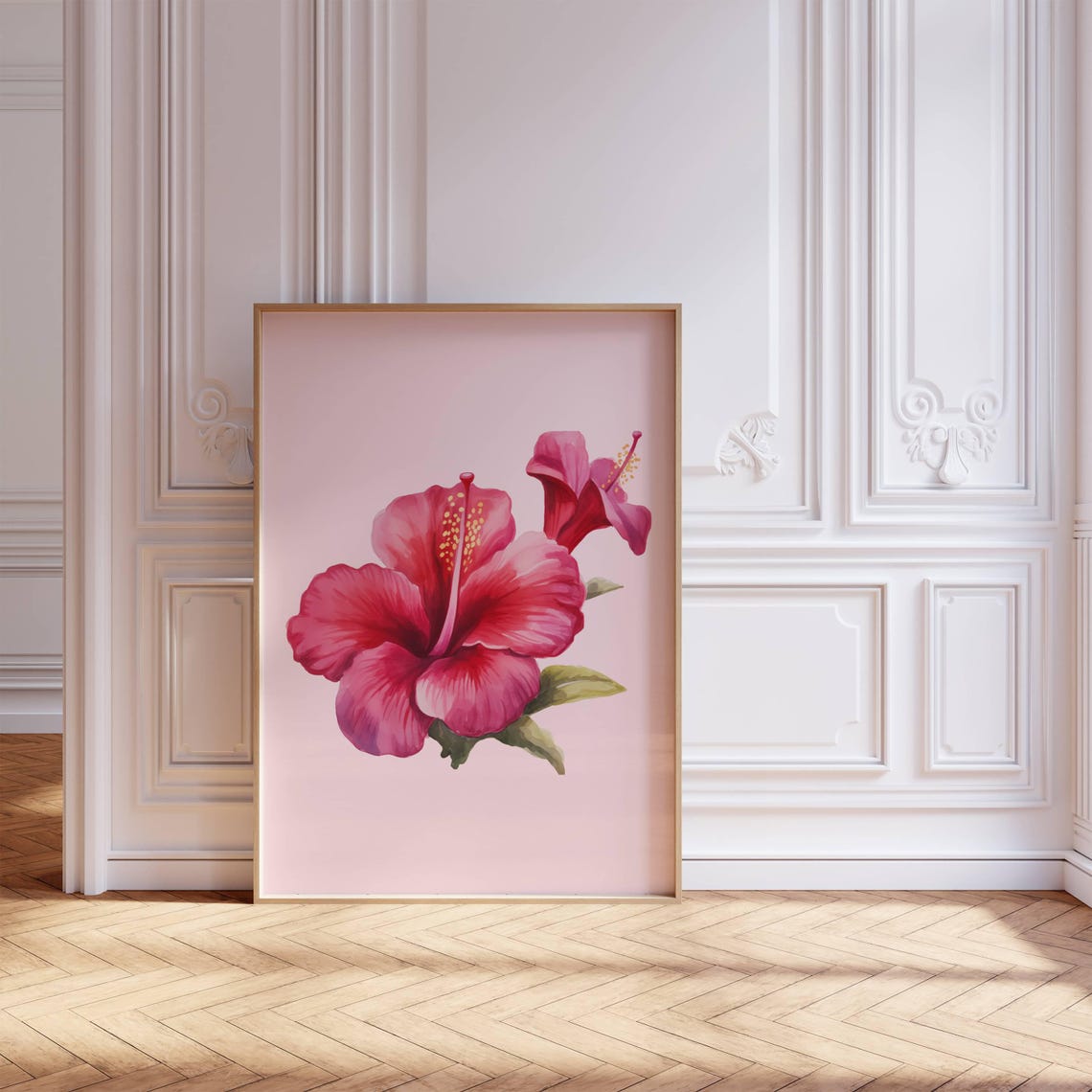 Red Hibiscus Bloom Watercolor Soft Pink Background Tropical Print - Image 2