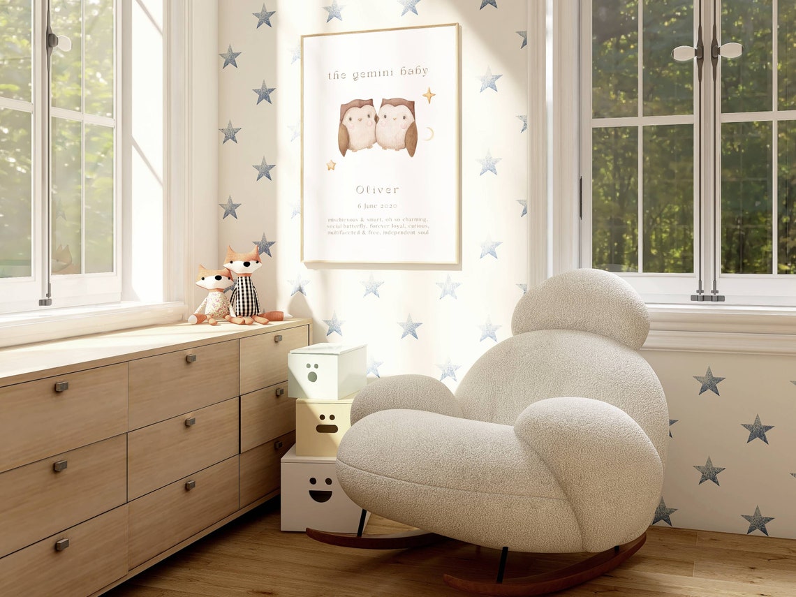 Custom Gemini Baby Zodiac Print Personalized Twin Owls Nursery Decor - Image 2