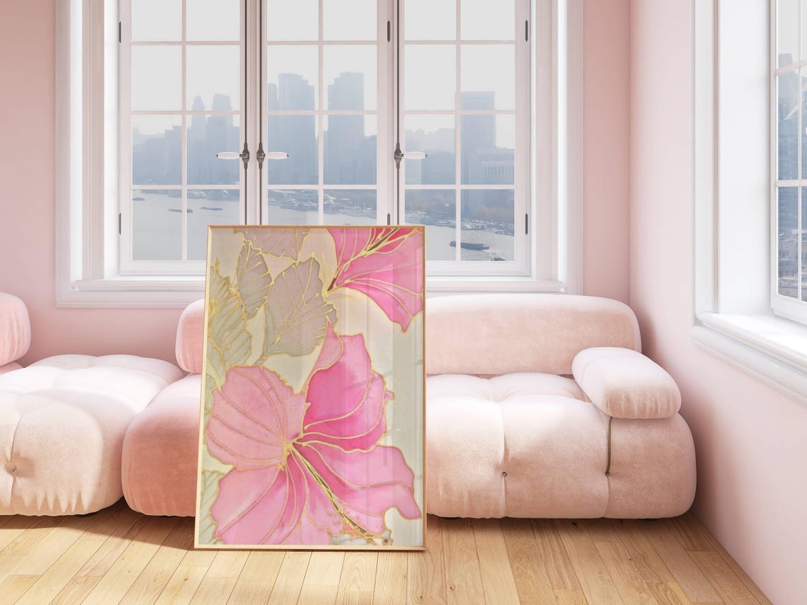 Pink Hibiscus Gold Outline Elegant Blooms Preppy Floral Wall Art
