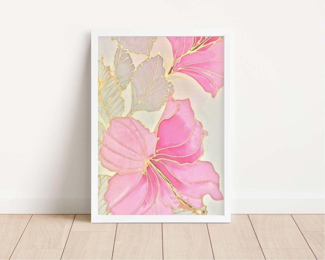 Pink Hibiscus Gold Outline Elegant Blooms Preppy Floral Wall Art - Image 2