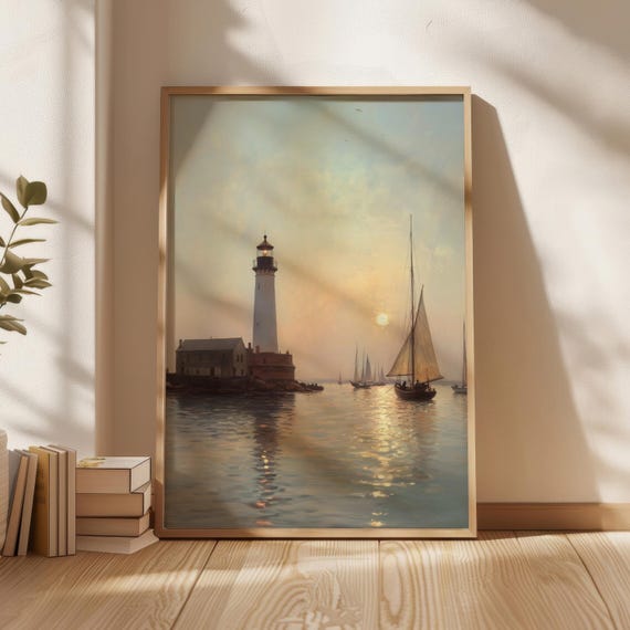 Lighthouse And Sailboats In The Harbor Poster Edward Henry Potthast Style Wall Art Print Home Decor