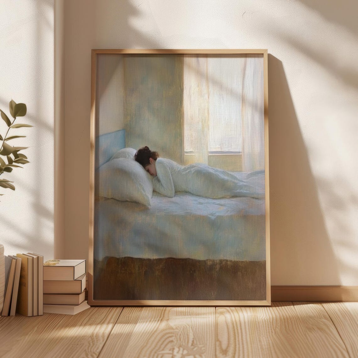 Woman Sleeping on a Sunlit Bed Poster in Soft Classical Painting Style