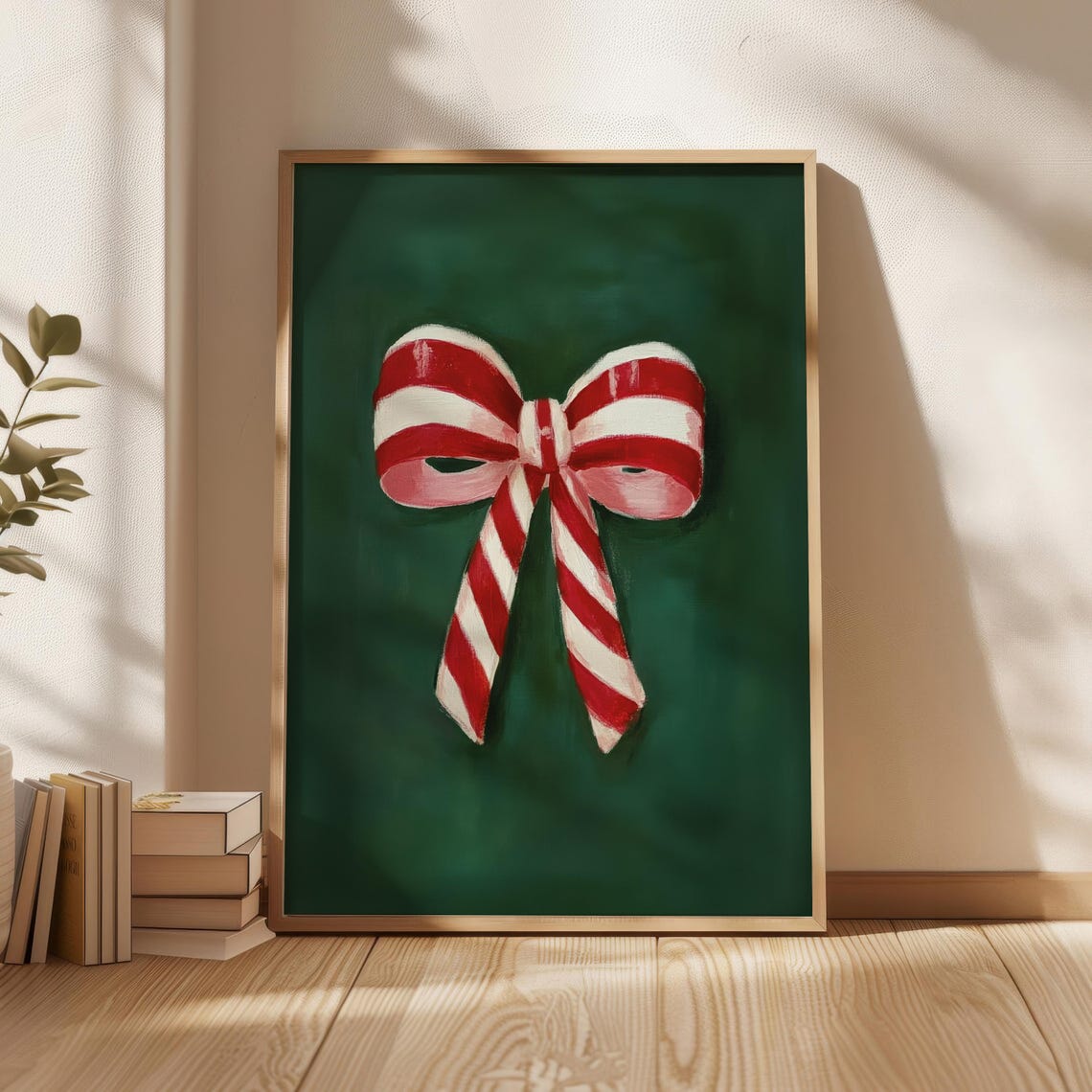Candy Stripe Bow Christmas Poster Red Pink Ribbon On Green Decor