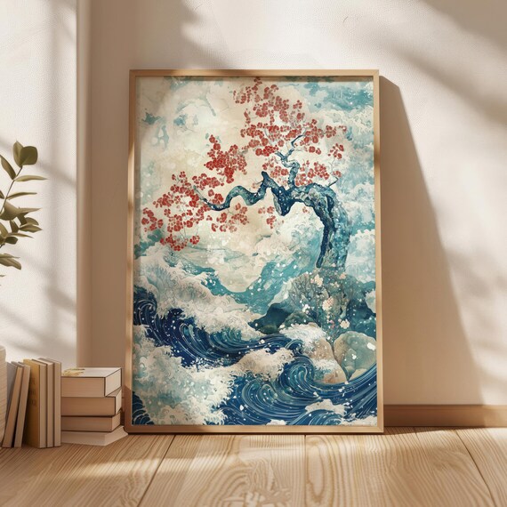 Cherry Blossom Over Ocean Waves Hokusai Style Japanese Woodblock Poster