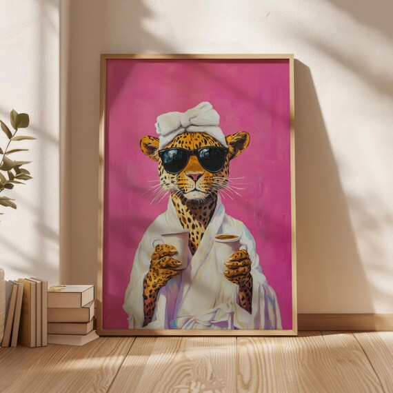 Lady Leopard Third Poster Coffee Wall Art Prints Pink Theme Design Bathroom Decor Bathrobe