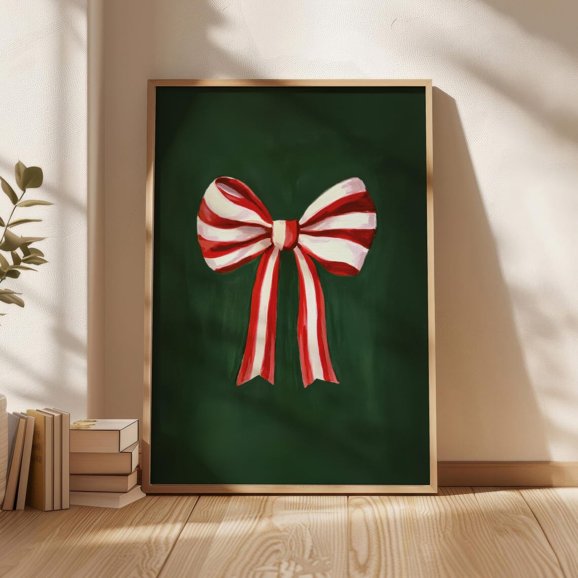 Classic Striped Gift Bow Poster Deep Green Christmas Wall Decor Art