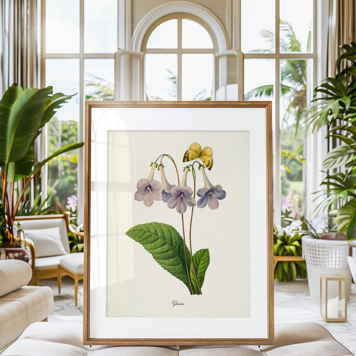 Lavender Gloxinia Trumpet Flowers Yellow Butterfly Art Poster - Image 3