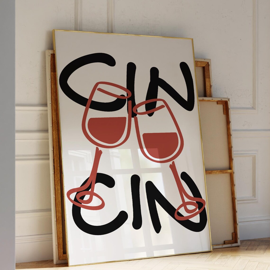 Cin Cin Wine Glasses Retro Kitchen Bar Cart Decor Trendy Wall Art