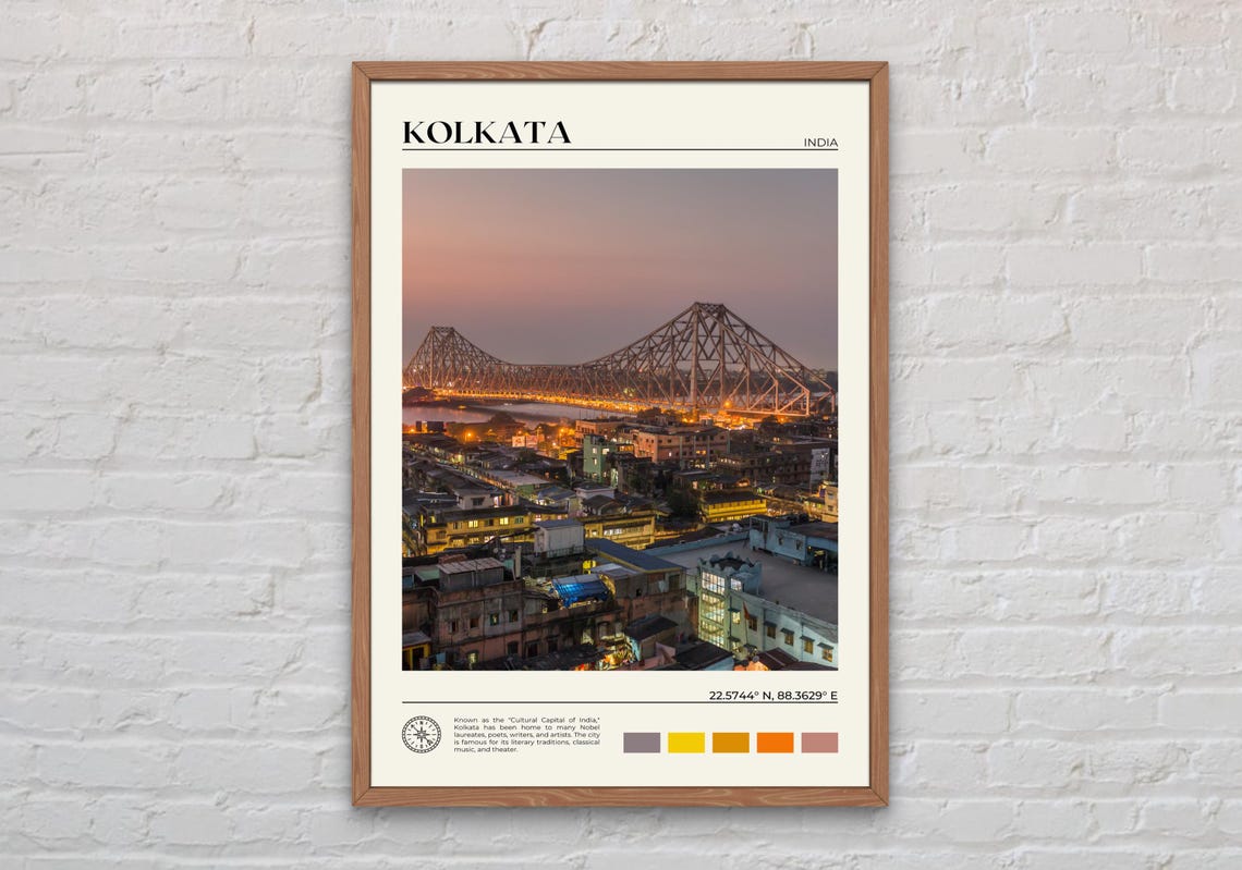 Kolkata India Howrah Bridge Sunset Skyline City Travel Poster