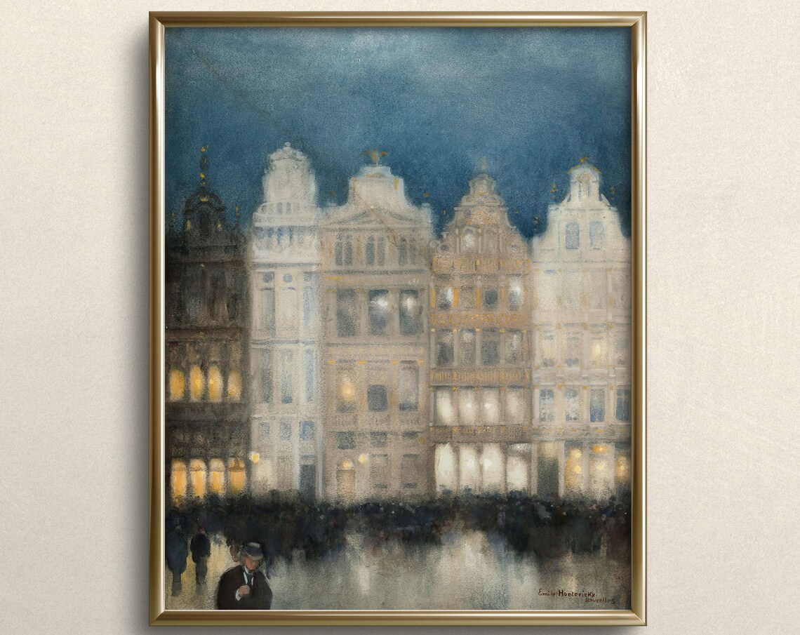 Brussels Belgium Evening Lights Grand Place Cityscape Painting Poster