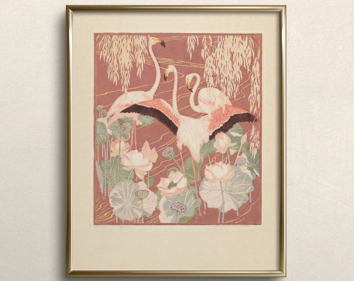 Flamingos Among Lotus Flowers Vintage Woodblock Style Bird Art Print