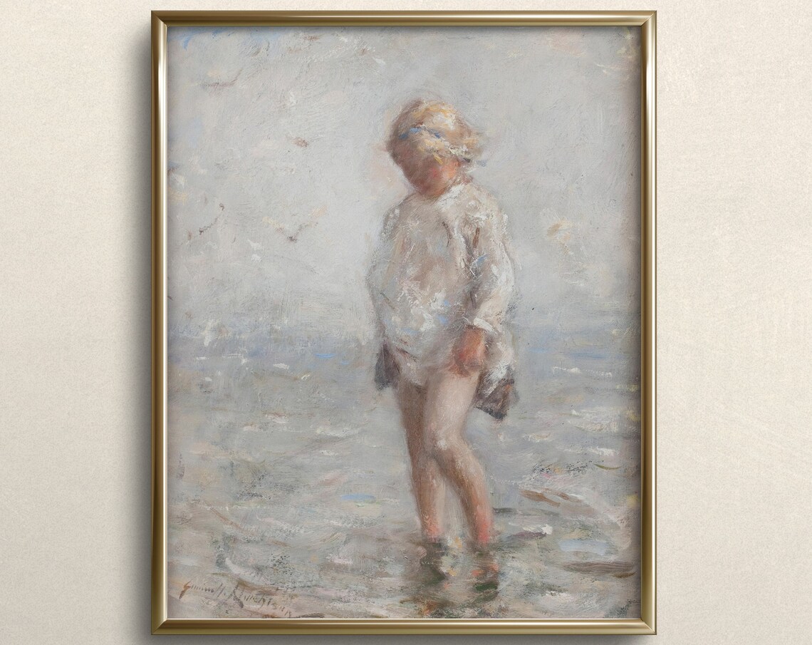 Child Playing In The Ocean, Vintage Nursery Art Print
