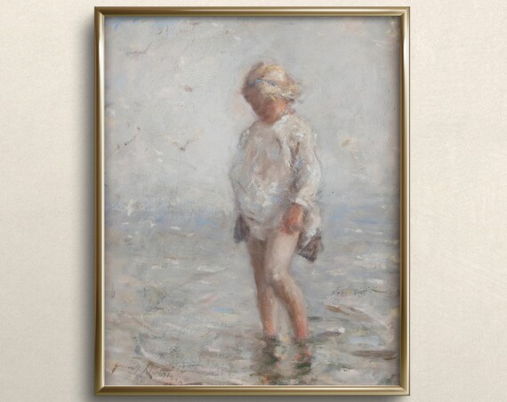 Child Playing In The Ocean, Vintage Nursery Art Print