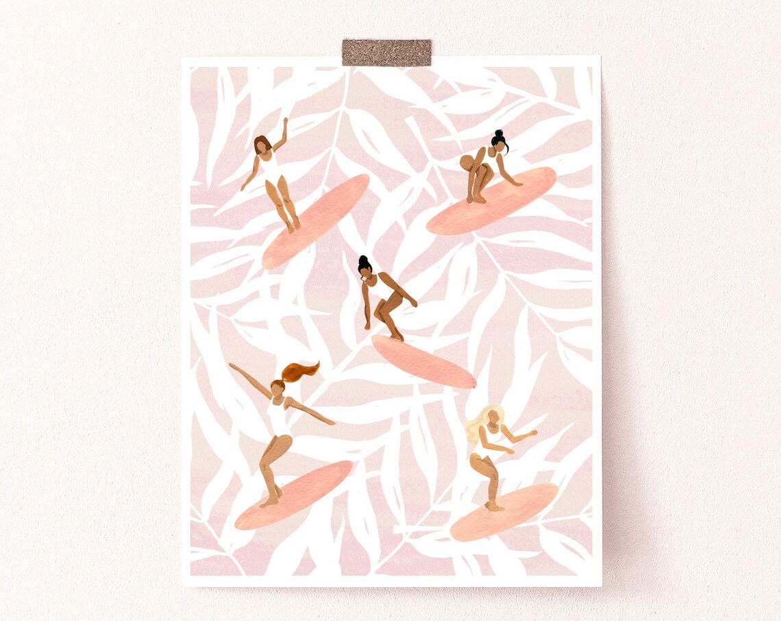 Women Surfing Tropical Ocean Art Print, Pink Style - Image 3