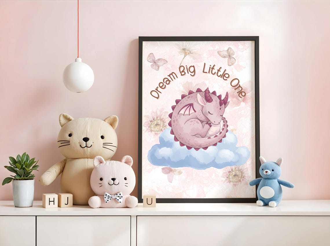 Pink Dragon Nursery Print Dream Big Quote Floral Baby Girl Decor