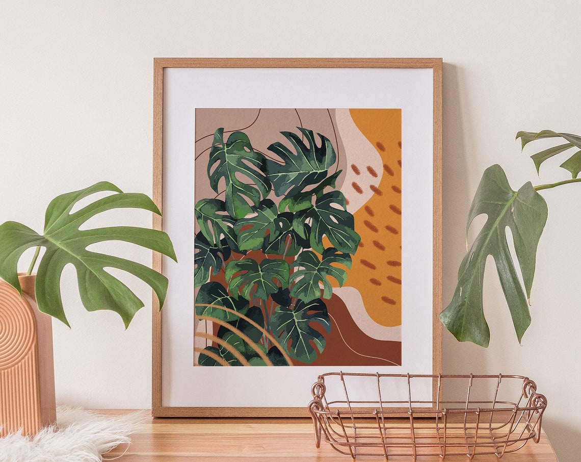 Monstera Leaves Mustard Sun Terracotta Abstract Boho Style Poster