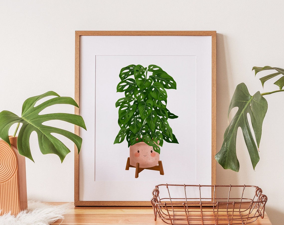 Cute Smiling Monstera Adansonii in a Pink Pot Botanical Poster