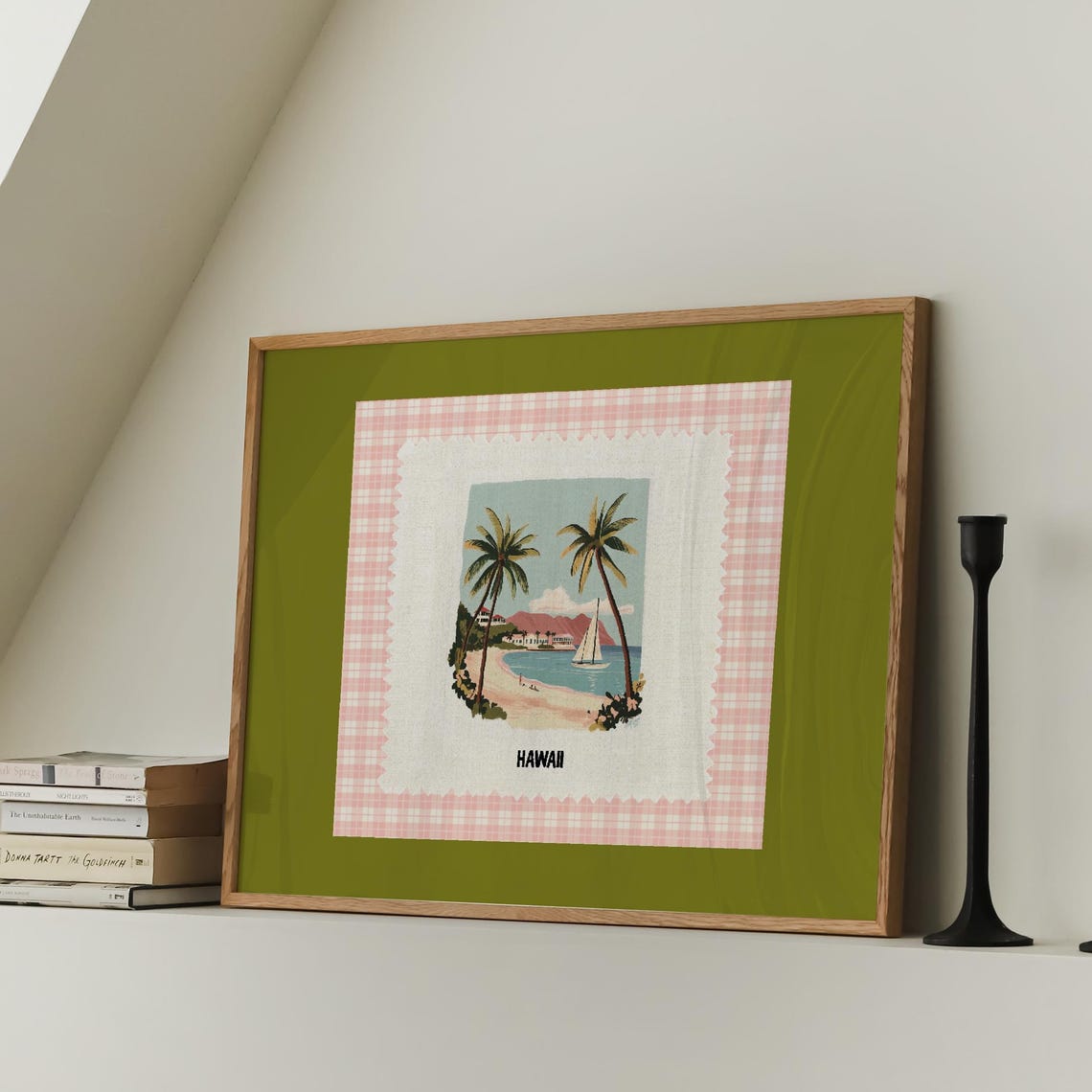 Hawaii Retro Beach Travel Scene Green Gingham Border Art Poster