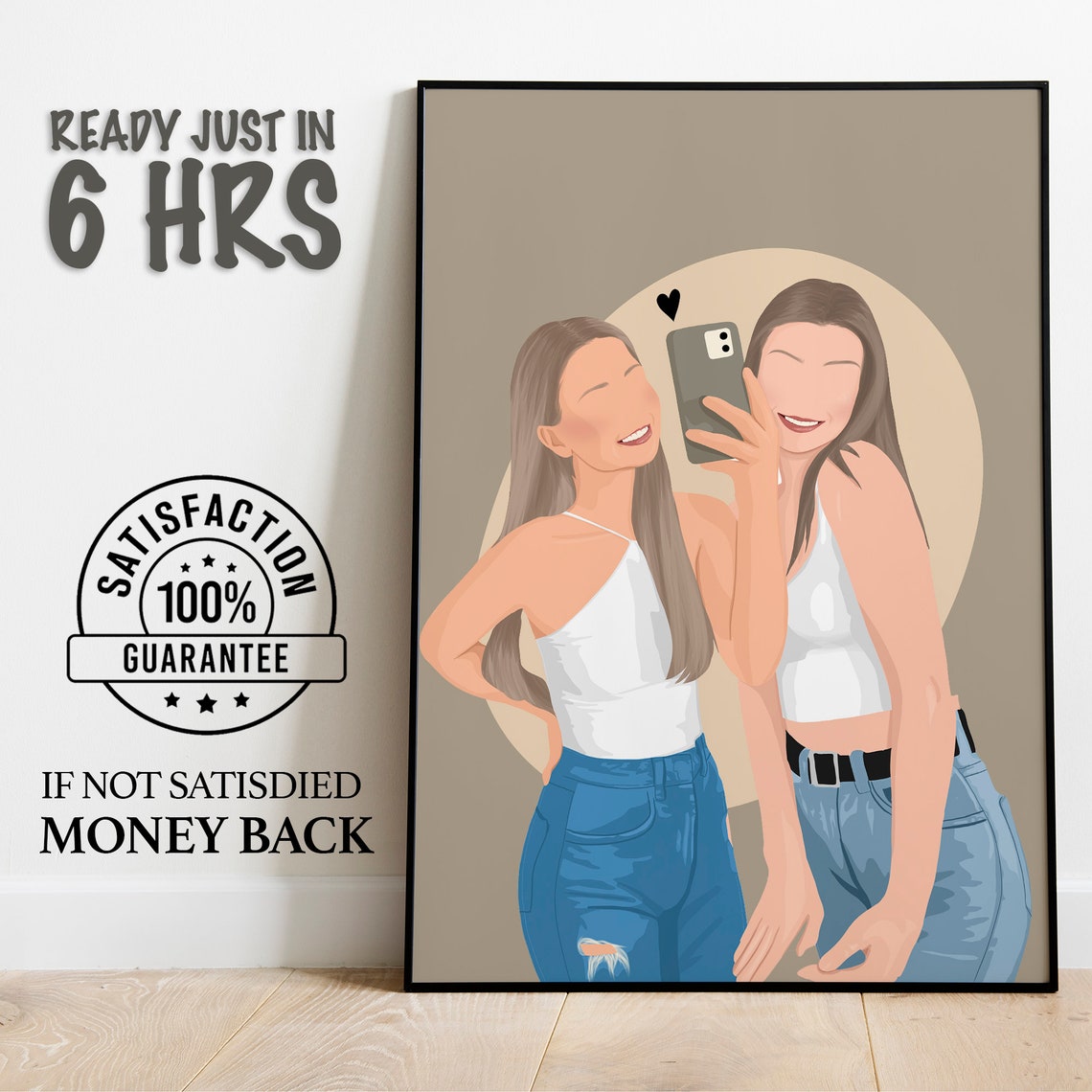 Custom Best Friends Selfie Illustration Faceless Duo Portrait Poster