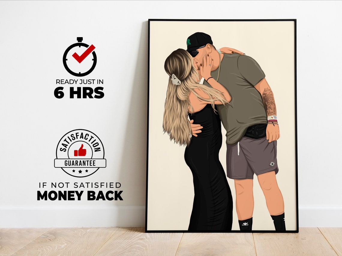 Custom Kissing Couple Portrait in Black Dress and Cap Poster