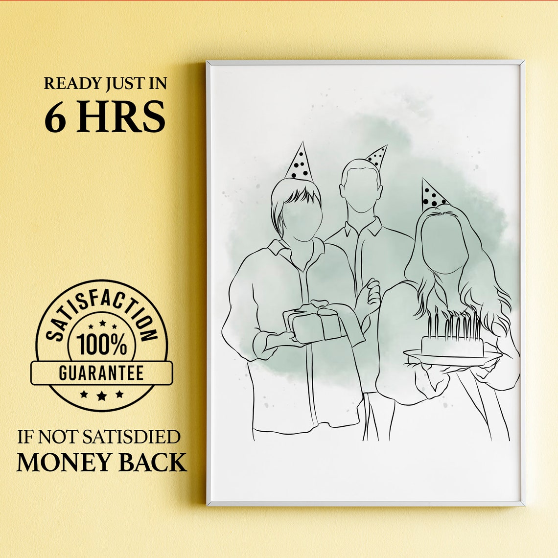 Three Friends Birthday Party Line Drawing with Cake and Gift Poster