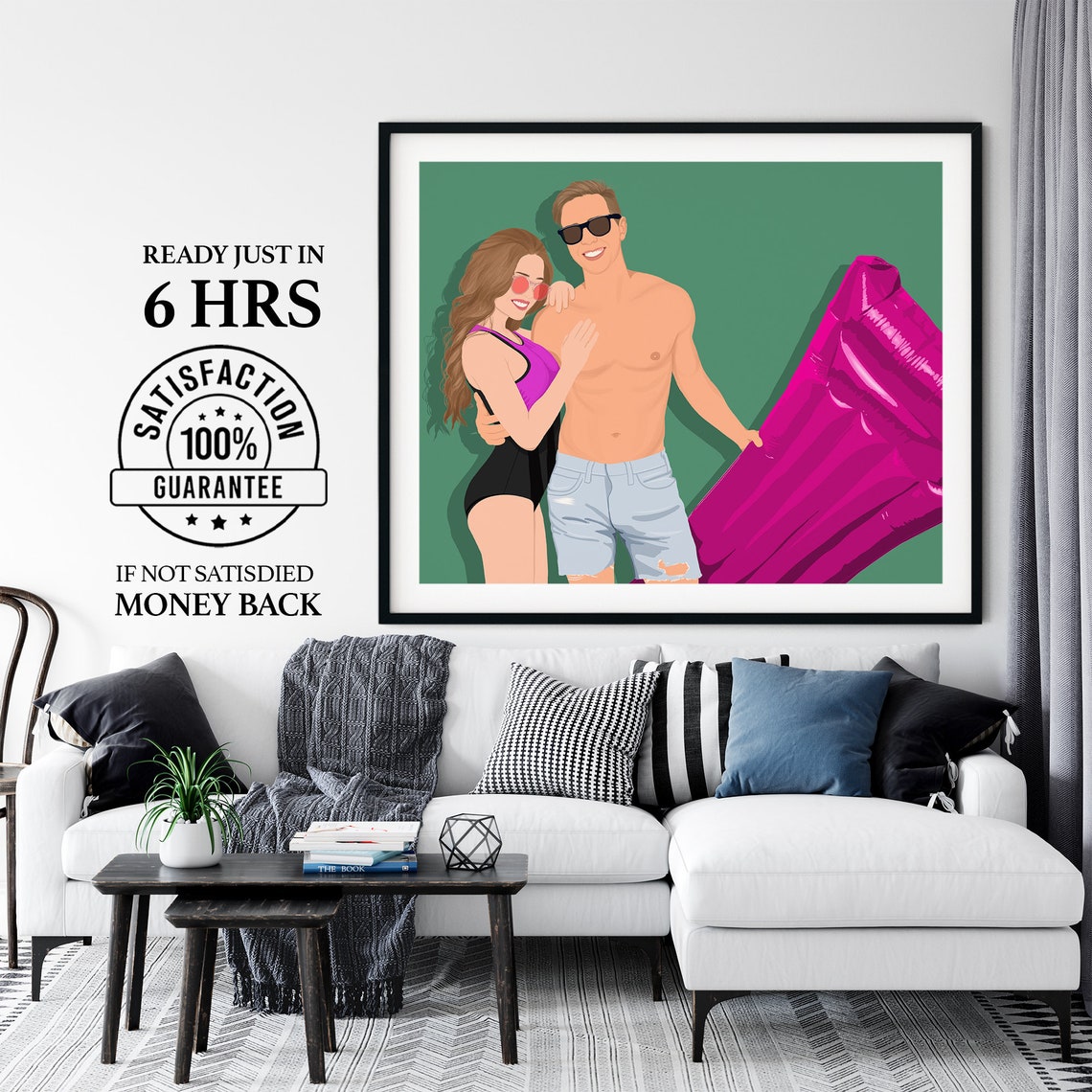 Couple with Pink Pool Float on Green Backdrop Faceless Portrait Poster